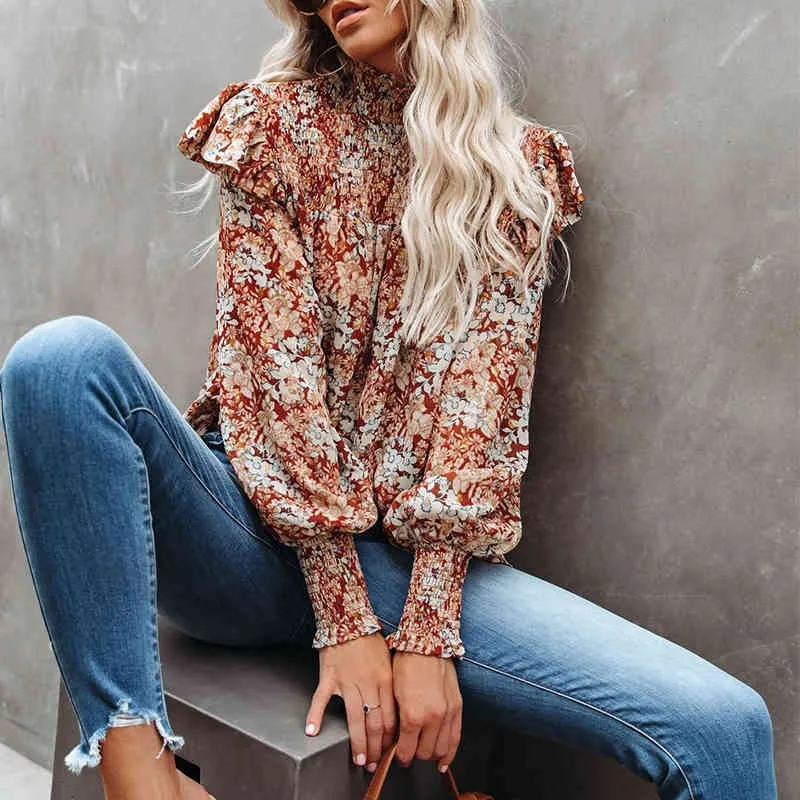 Foridol Floral Impressão Boho Outono Inverno Inverno Blusa Tops Mulheres Manga Longa Turtleneck Vermelho Escritório Senhoras Blusa Casual Camisas 210415