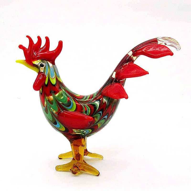 Christmas Decoration Gift For Kids Multicolor Hand Blown Murano Glass Rooster Figurine Ornament Artistic Chicken Small Sculpture 211108