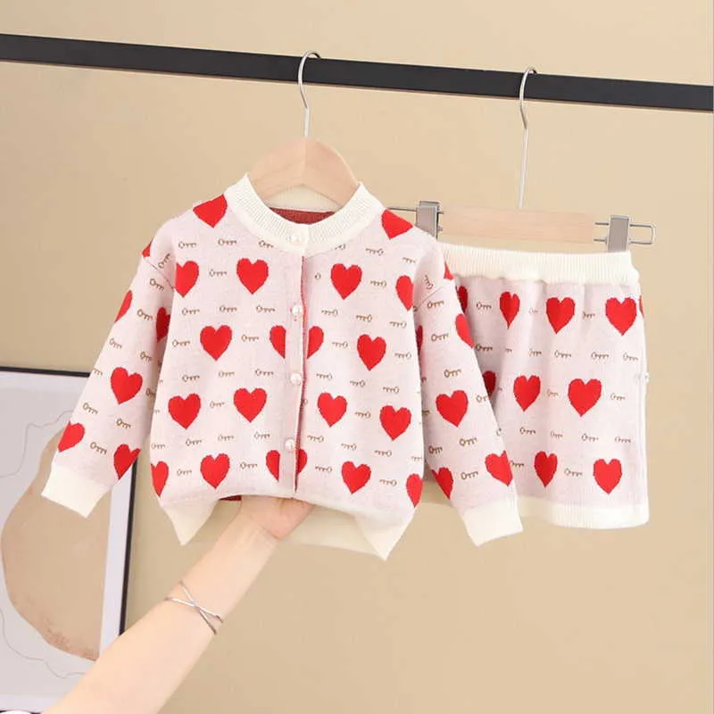 Wiosna Walentynki Dziewczyny Stroje Love Heart Key Print Z Długim Rękawem Sweter Spódnica Garnitury Odzież Brredta 210610