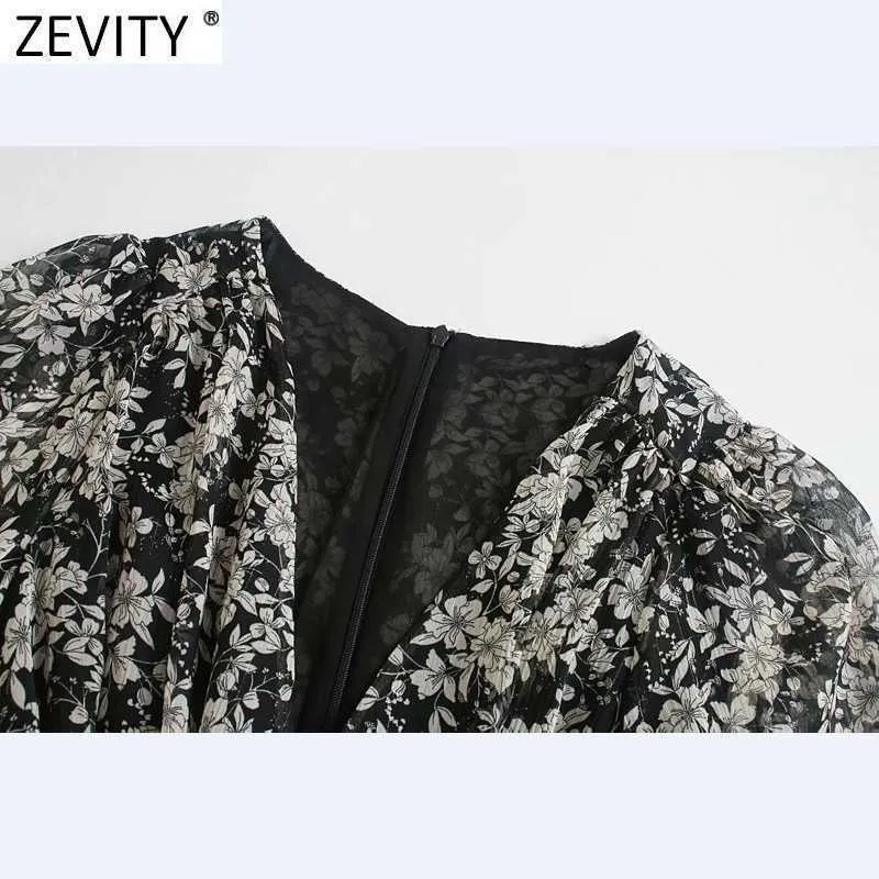 Zevity femmes Vintage col en V plis manches bouffantes imprimé fleuri ceintures Mini robe Femme ligne dorée Vestido chemise robes DS4829 210603