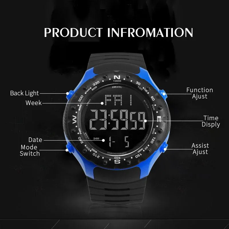 Mens Military Watches 50m Waterproof Relogio Smael Black Clocks Big Men Sport 1342 LED Digital Wrsit Watch Wristwatches310f