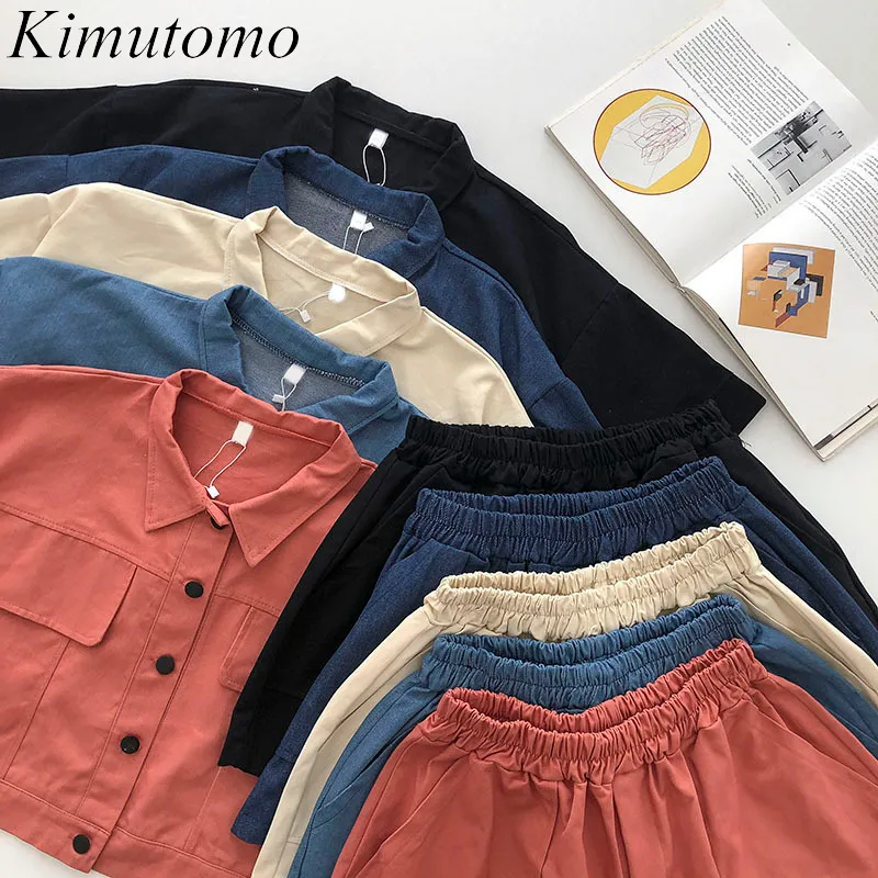 Kimutomo Fashion Suit Women Summer Hong Kong Safari Style Short Breasted Blouse and High Elastic Waist Shorts Casual 210521