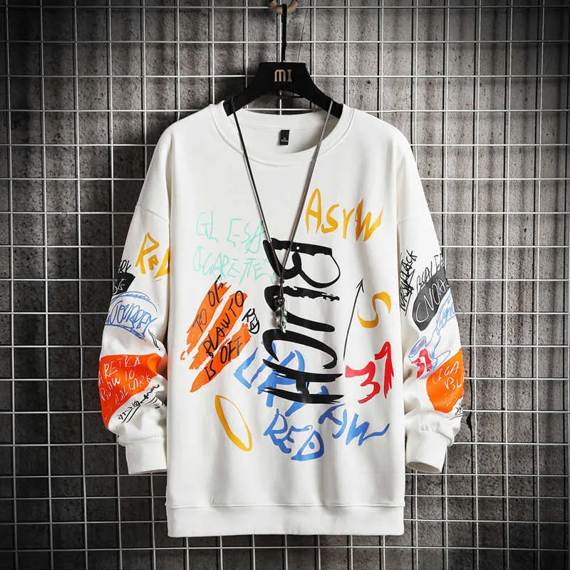 Sudadera para hombre Sudaderas con capucha casuales Primavera Graffiti de gran tamaño Japonés Hip Hop Streetwear Hombres Sudaderas sueltas Jersey Top 210827