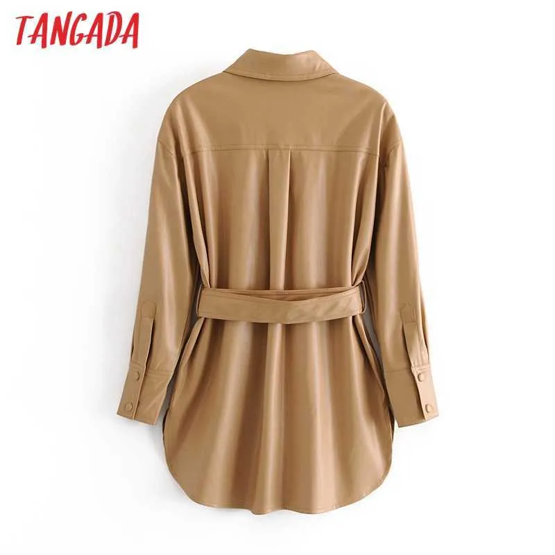 Tangada femmes kaki veste en simili cuir manteau col rabattu dames à manches longues manteau ample avec slash QN70 210609