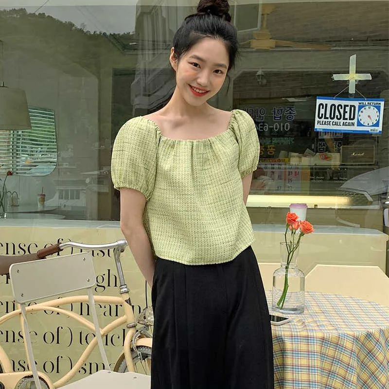 Korjpaa Kvinnor Sommar Koreanska Retro Square Collar Clavicle Check Loose Puff Sleeve Skjorta Hög midja Casual Wide Leg Pant 210526