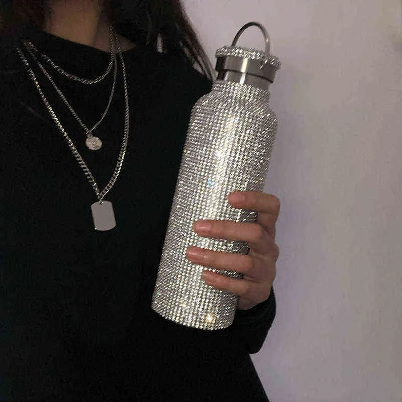 sparkling High-end Insulated Bottle Bling Stainless Steel Thermal Bottle Diamond Thermo Silver Water Bottle with Lid 220108250Y