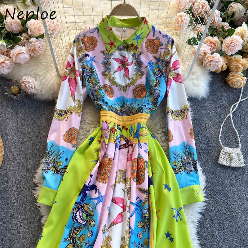 Neploe Vintage Print Bohemian Urlaub Kleid Frauen Hohe Taille Hüfte A-linie Vestidos Drehen Unten Kragen Langarm A-linie schlanke Robe 210423