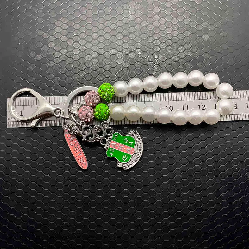 arrival pink green sorority ALPHA society enamel pendant metal keychain simulation pearl chain key ring