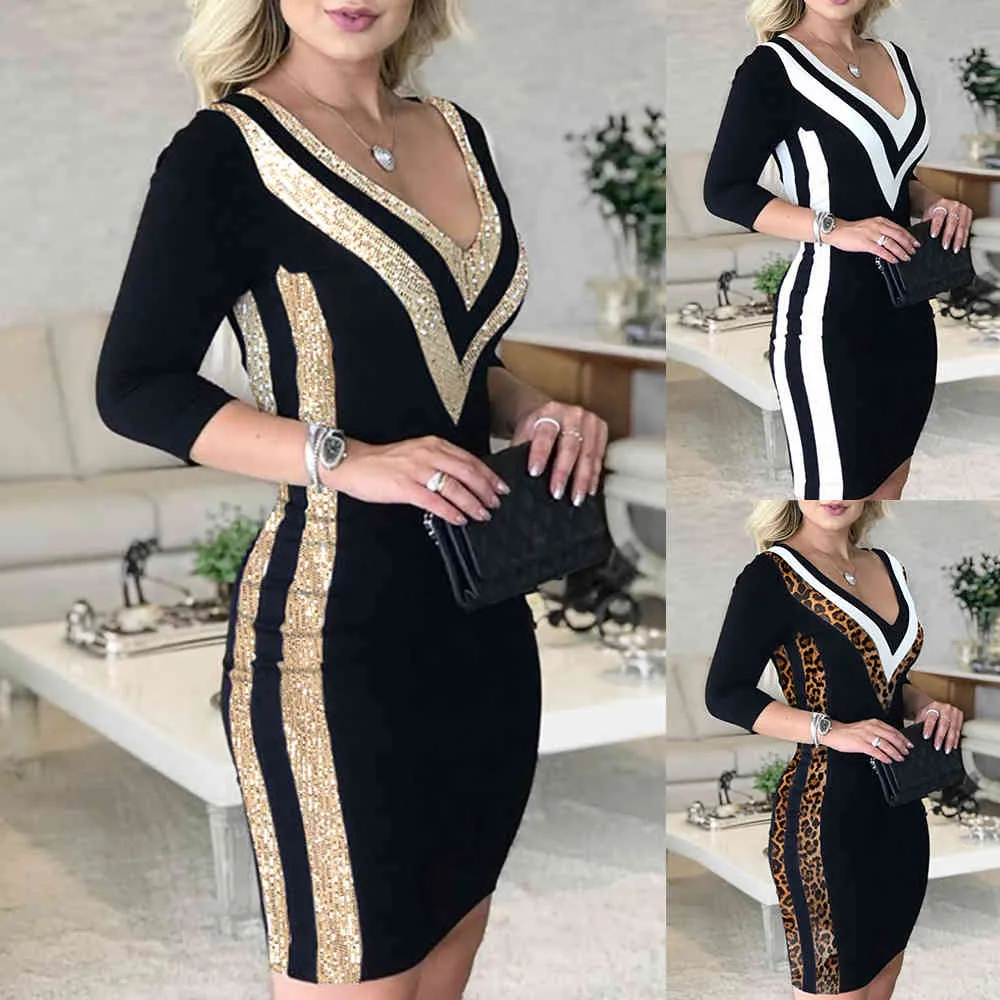 Bodycon Seksi Derin V Parti Elbise Kadın Altın Sequins Kadınlar Için 3/4 Kollu Mini Elbiseler Sonbahar D30 210331