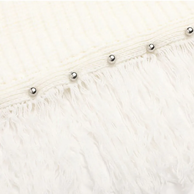 Suéter blanco de cuello alto con cuentas y borlas para mujer, jersey recortado calado de punto, tops vintage de otoño e invierno 210415