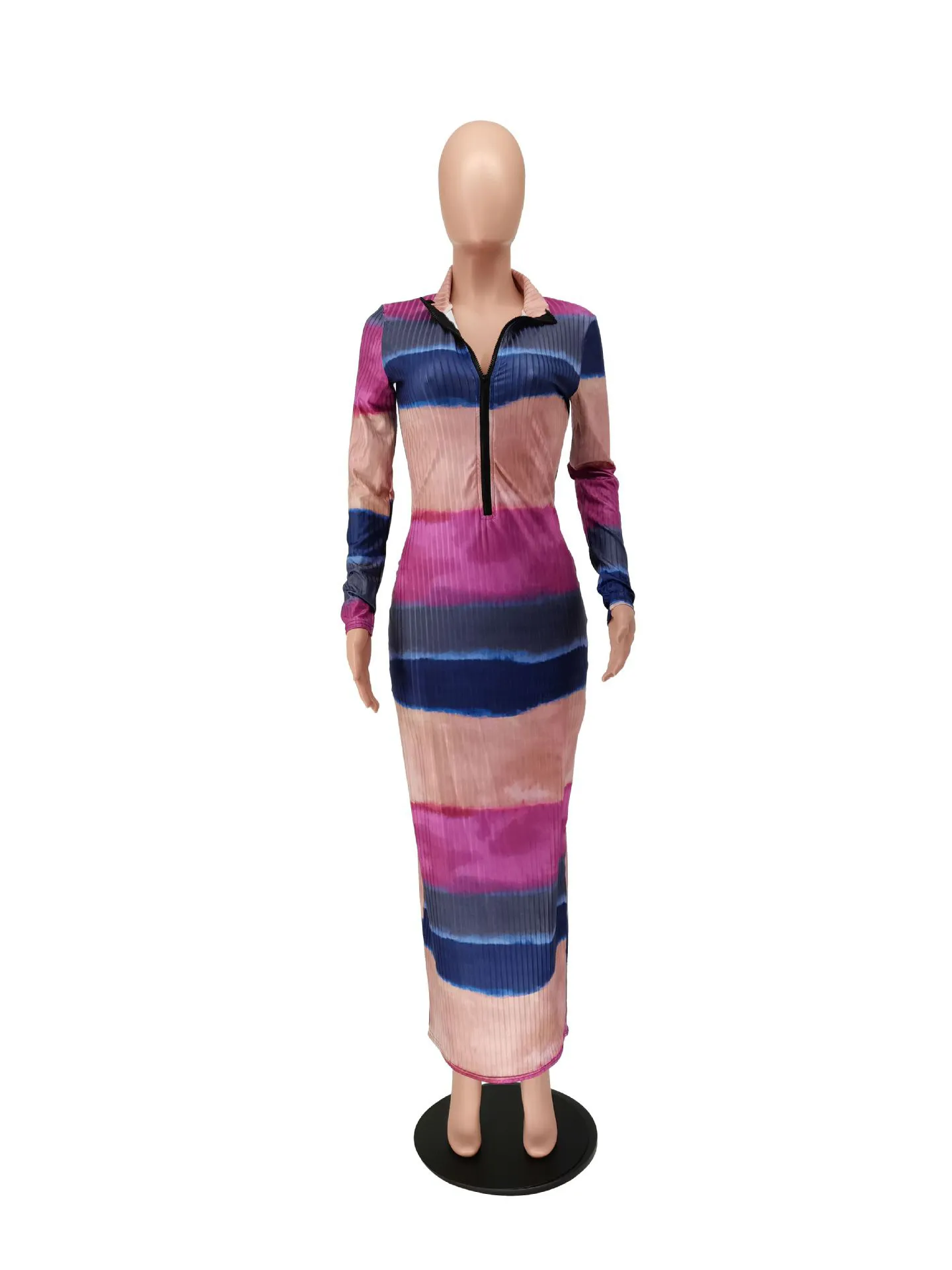 Kadınlar Renkli Çizgili Baskı Osmanlı Elbise Lady Seksi V Yaka Fermuar Tam Kollu Bodycon Ayak Bileği Uzunlukta Parti Elbiseler Bahar 210517