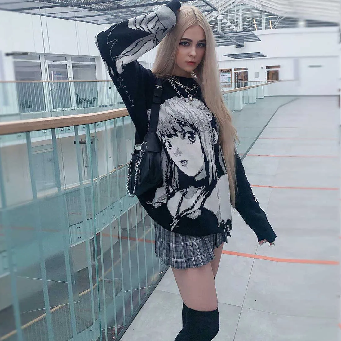 Atsunset Anime Girl Knitted Death Note Maglione Pullover Hip Hop Streetwear Style Vintage Style Harajuku Knotting 210812