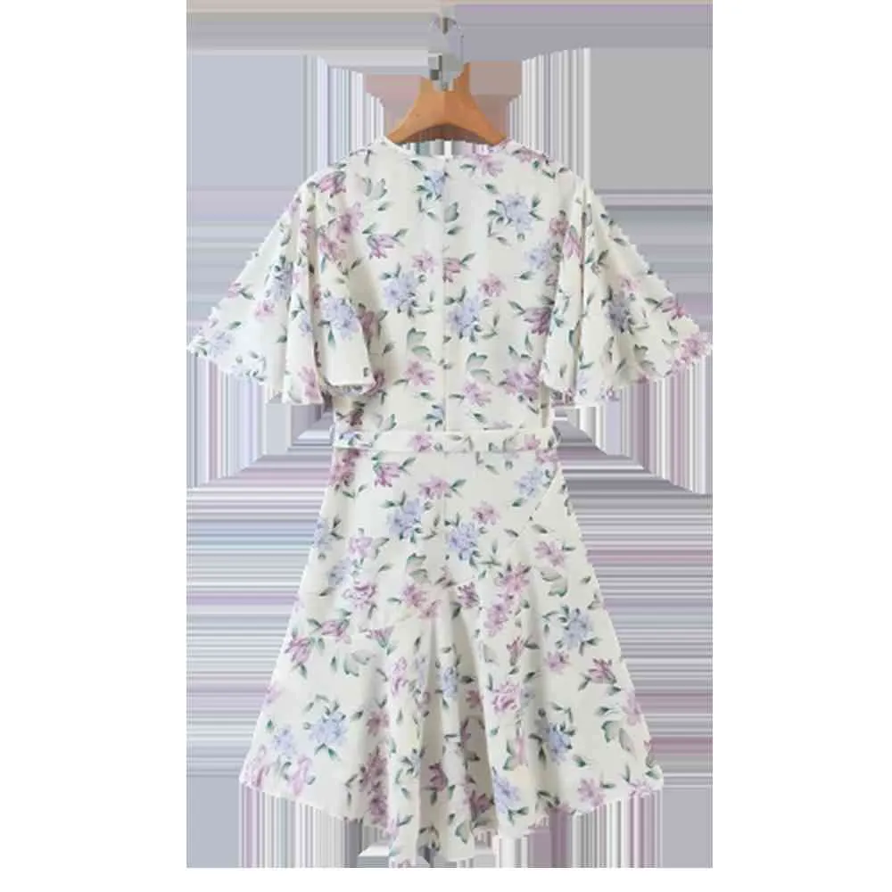 BBWM Abito da donna con volant in chiffon con stampa floreale dolce Abito da donna a maniche corte con scollo a V con scollo a V le vacanze casual Vestido Summer Dress 210520