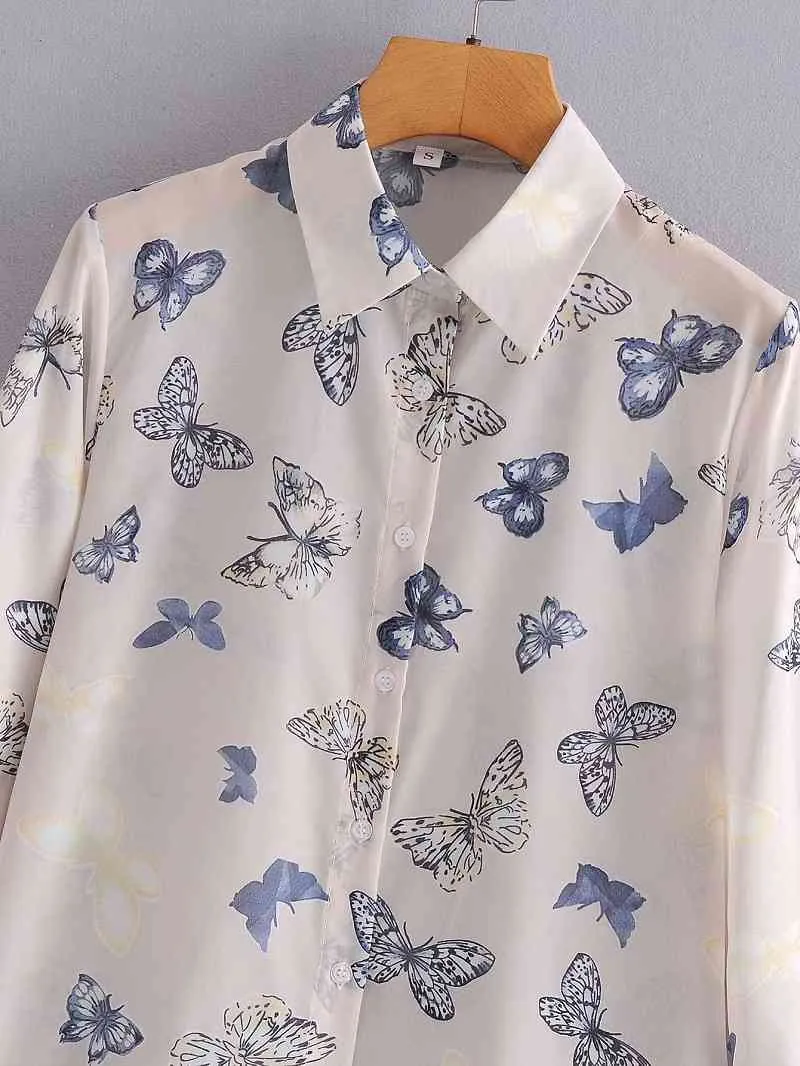 Schmetterlingsdruck-Chiffonblusen-Frauen-lange Hülsen-Knopf-Hemden-reizvolle durchsichtige Oberteile 210421