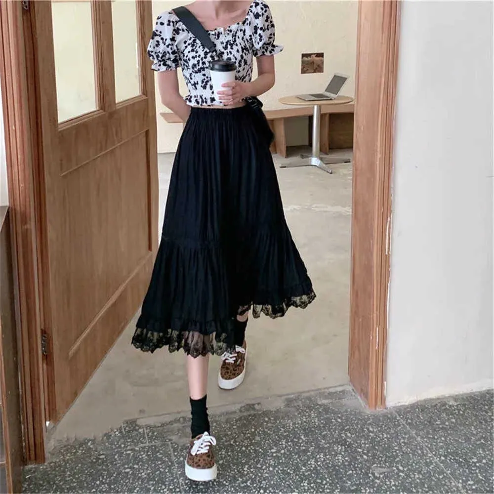 Falda plisada de tul con costura de encaje de cintura alta para mujer, falda larga delgada blanca Vintage de verano, ropa de calle negra coreana para mujer 210619