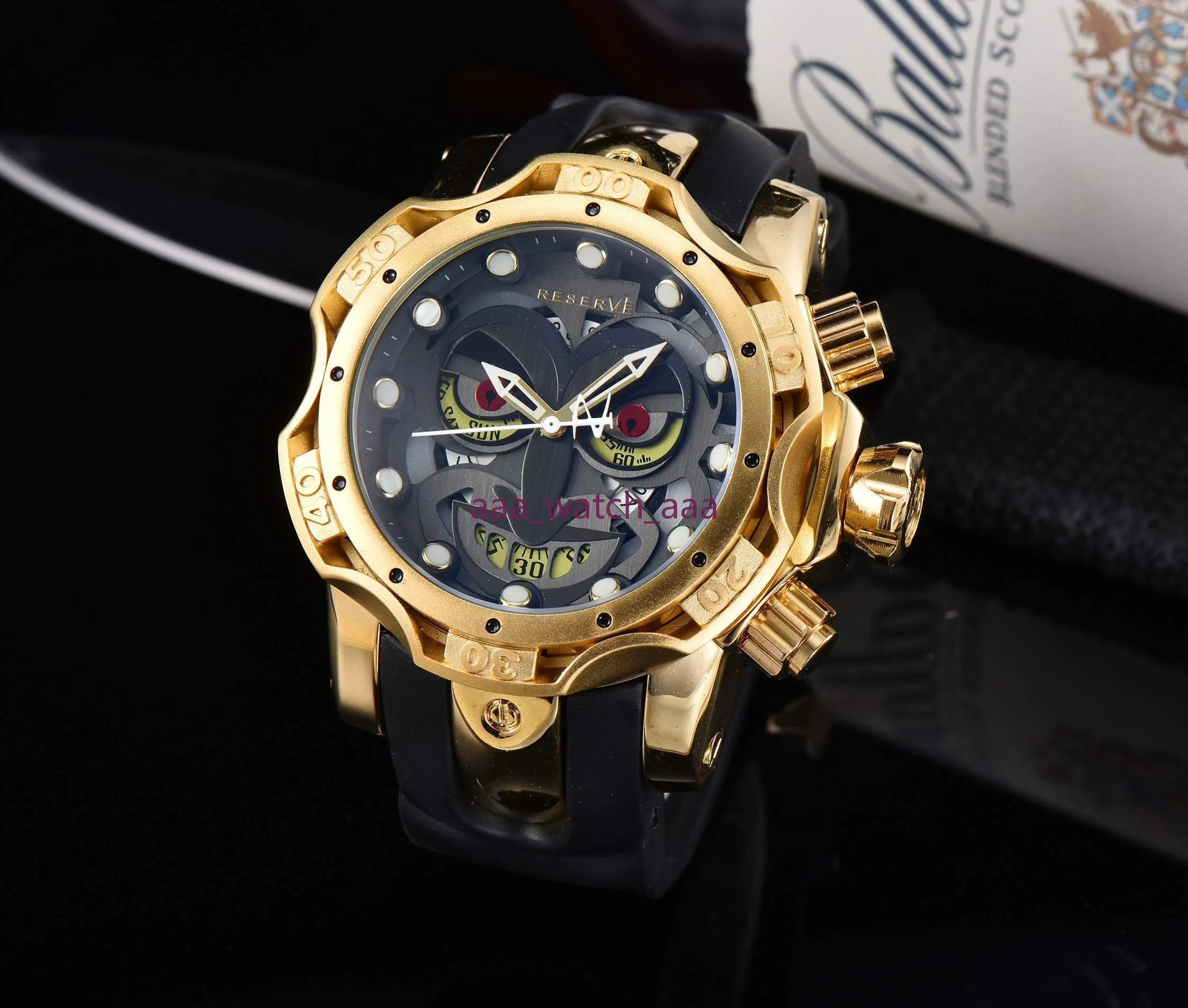 2021 NYA LUXURY MENS SPORTS WACK CLOWN SERIEs Golden Quartz Men Watches Calender Silicone Strap Wristwatches226b