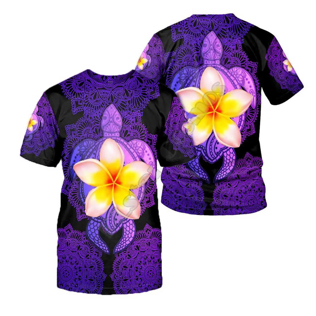 Amazing Polynesian Sea Turtle TattooHibiscus hajuku Mode 3D Tryckta Shorts Sleeves T-shirts Män / Kvinnor Toppar 210629