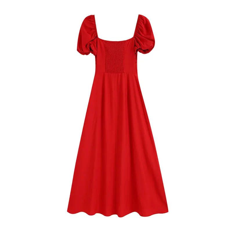 Élégant Chic Simple-Breasted Midi Robe Femmes Manches Bouffantes Dos Élastique Femme es Rouge Parti Robes Mujer 210430
