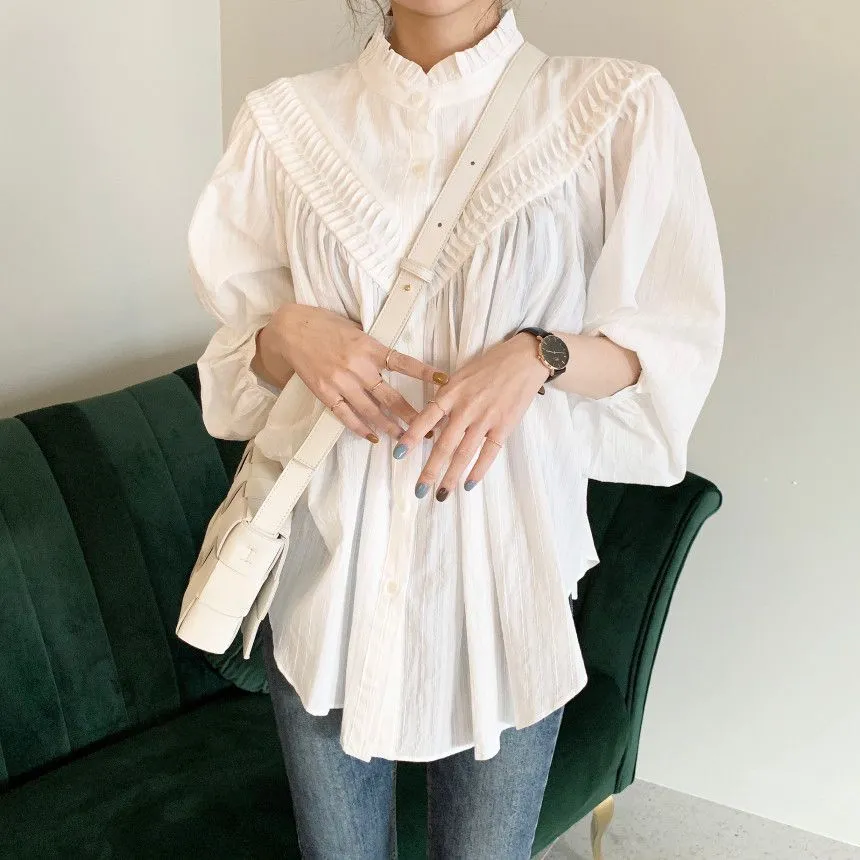 Koreanska Chic Top Lantern Sleeve Vit Bomull Blus Enstaka Bröst Lång Kvinnors Skjorta Vintage Kvinna Blusas 11616 210427