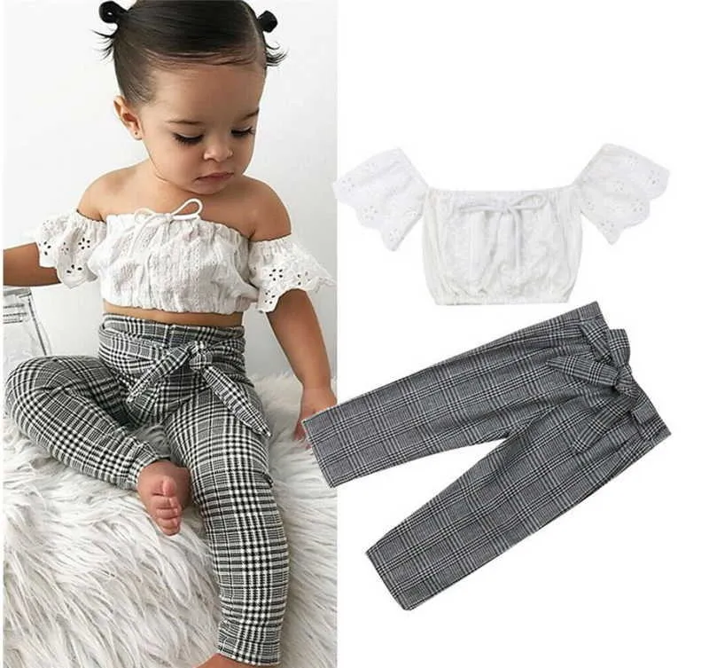 小売赤ちゃん女の子服セット夏から肩のレースの作物トップと格子縞のズボンかわいいストリート壁の衣装E94033 210610