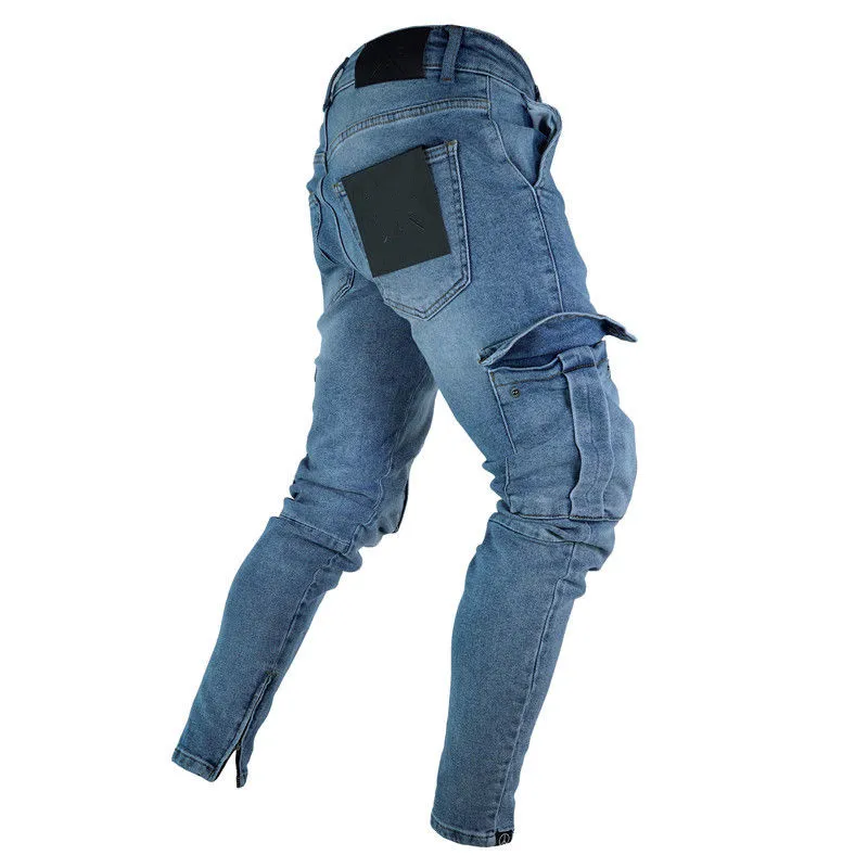 Mens denim pocket byxor sommar hösten tunn smal regelbunden passform rak jeans elasticitet stretchy man