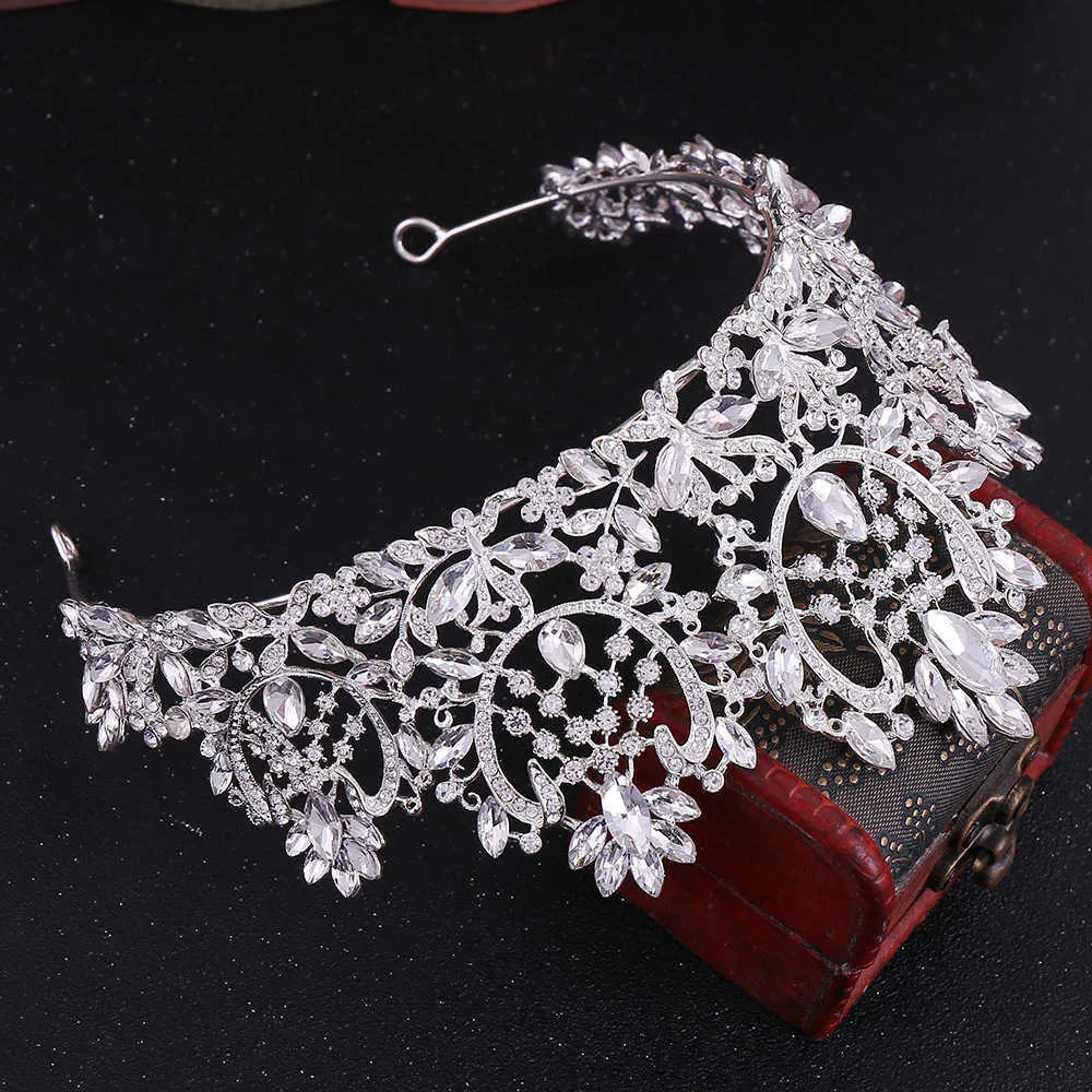 Barok Lüks Gül Altın Pembe Kristal Yaprak Büyük Rhinestone Diadem Veil Tiara Gelin Tiaras Yuvarlak Taç Düğün Saç Aksesuarları X0625