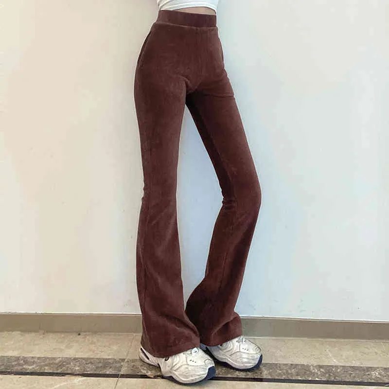 Brown Corduroy Skinny Y2k Flare Pants Women Vintage Harajuku Long Casaul Stretch High Waisted Trousers Sweatpants Capris 210510