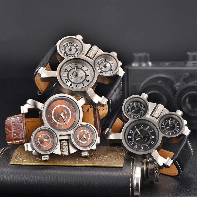Oulm 1167 Große Herren-Armbanduhr, lässig, Ledergewebe, Stahlband, Quarzuhr, drei Zeitzonen, Sport-Herrenuhren G1022
