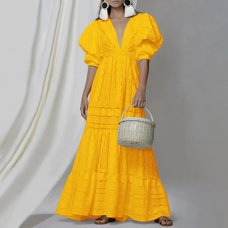 Kadın Elbise Zarif Beyaz Dantel es Derin V Yaka Puf Kollu Vintage Yüksek Belli Oymak Maxi es 210513