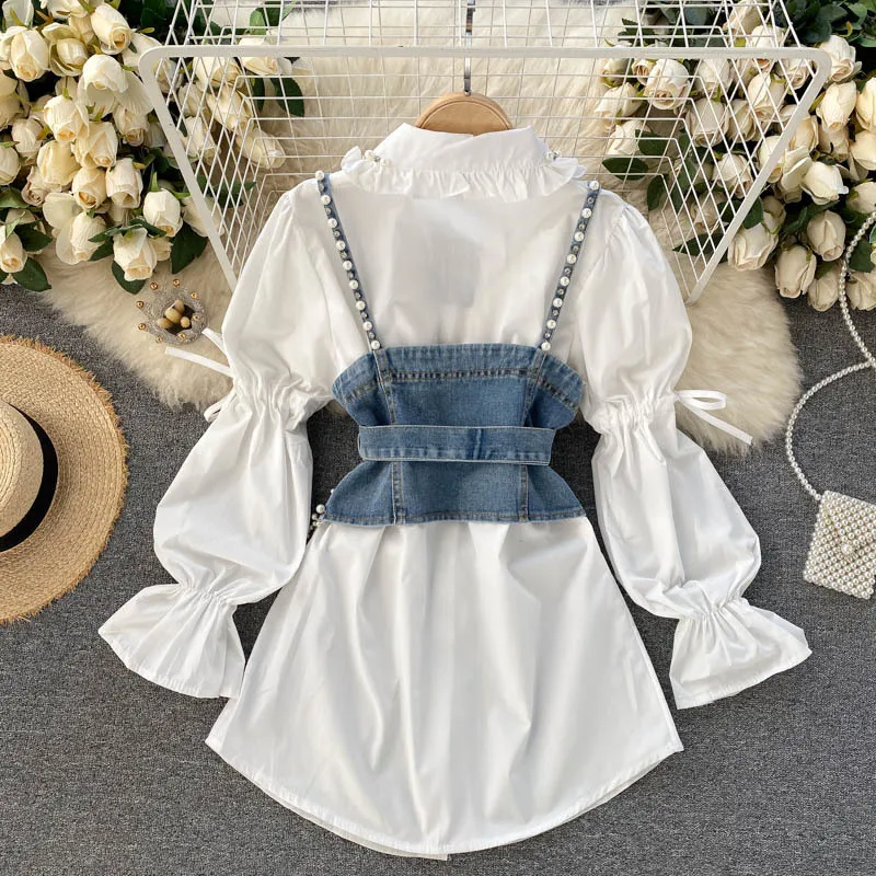 Chic Women Suits Fashion Diamond-studded Beaded Long Sleeve White Elegant Shirt Blouse + Tassel Pearl Denim Vest Two Piece Set 210514