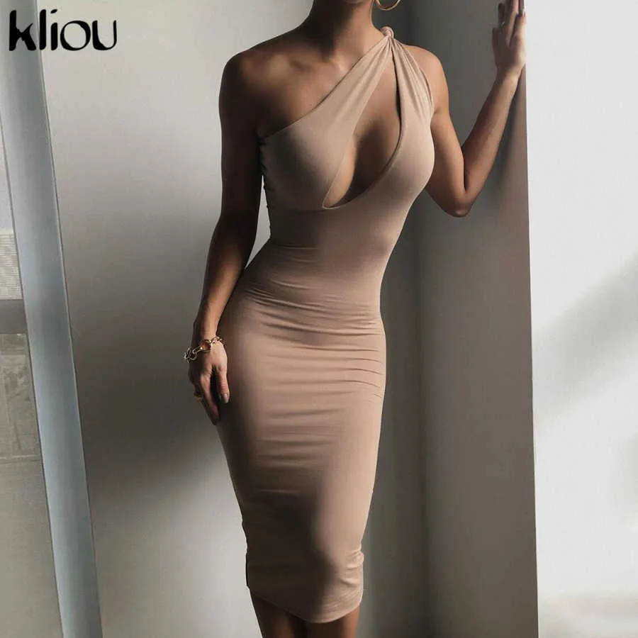 Kliou Cut Out Sexy Midnight Clubwear Maxi Abiti Solid One Shoulder Birthday Outfit le donne Slim Bodycon Party Dress 2021 Y0823