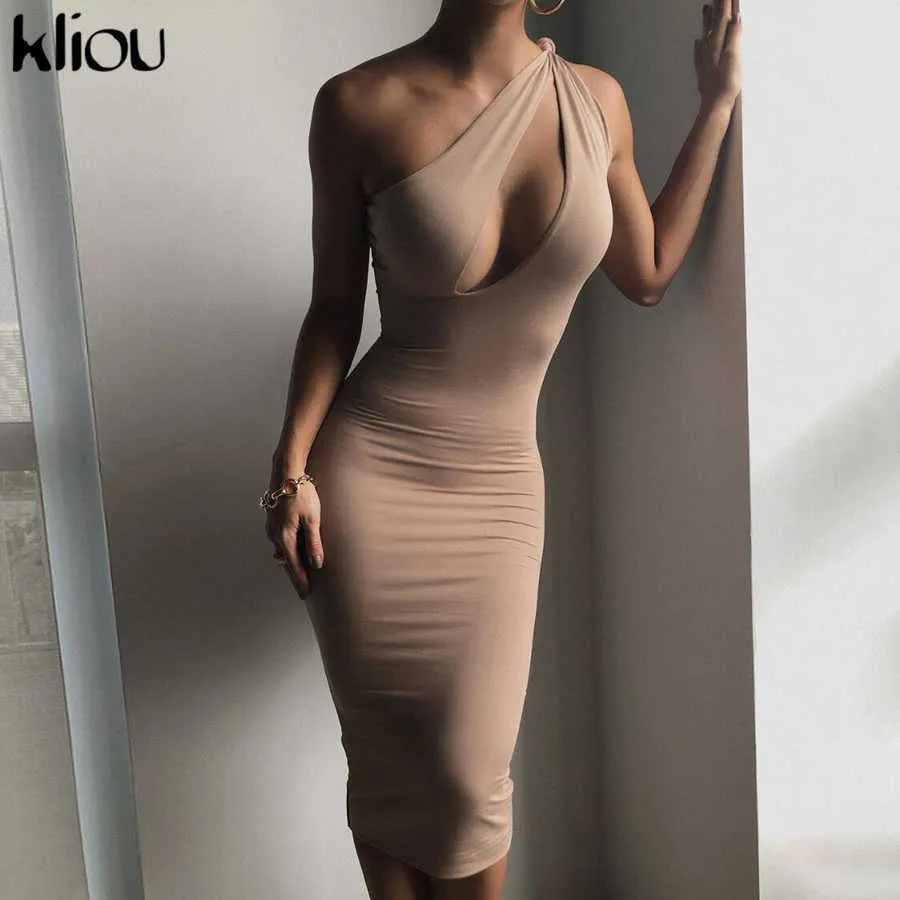 Kliou découpé Sexy minuit Clubwear Maxi robes solide une épaule tenue d'anniversaire pour les femmes mince moulante robe de soirée 2021 Y0823