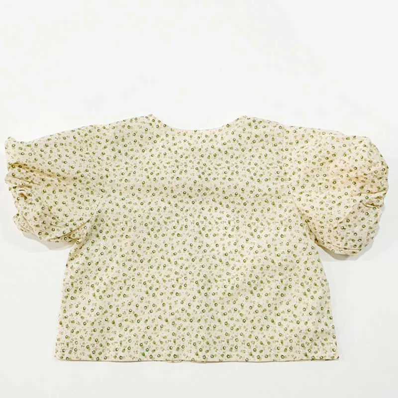 Été japonais et coréen Style chemise florale pour fille manches bouffantes haut court enfants vêtements Blouses chemises 210528