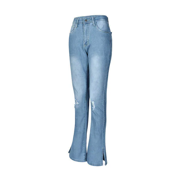 Pantaloni skinny a vita alta con jeans strappati neri, pantaloni vintage con fondo a campana, pantaloni in denim effetto svasato da donna 210629
