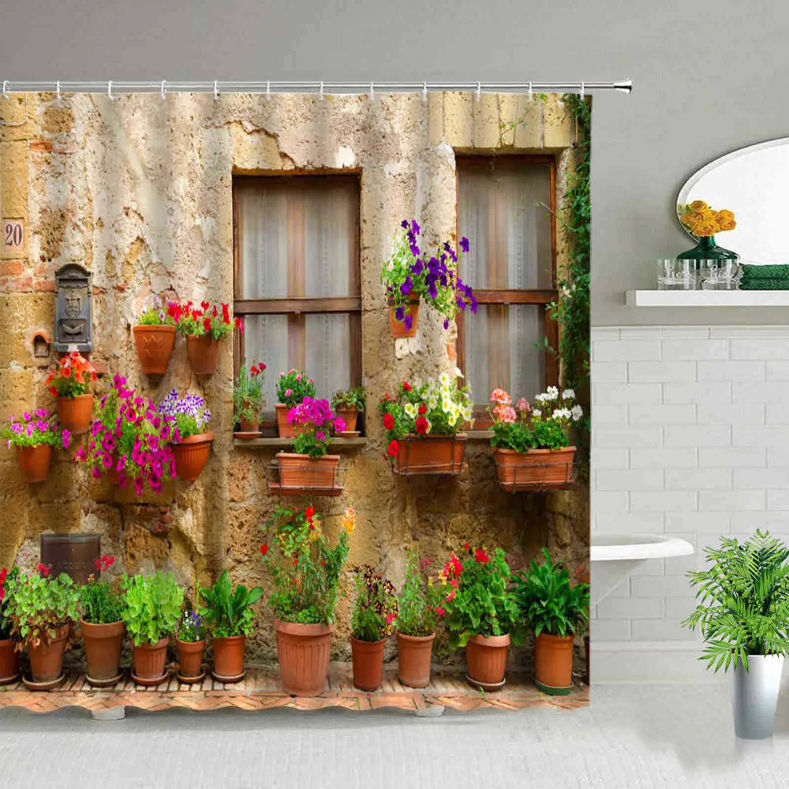 Rideau de douche d'impression de paysage de rue de ville rurale européenne 3D pour rideaux de salle de bain imperméable polyester décor à la maison avec crochets 211116