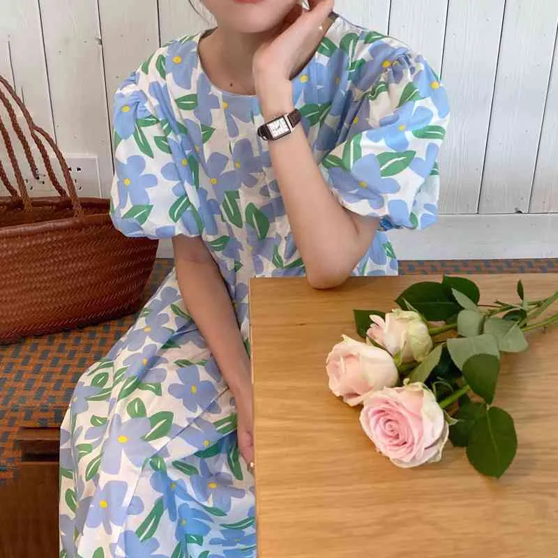 Ezgaga Coreano Chic Summer New Floral Midi Dress Donna Puff Manica corta Allentato Vita alta New Fashion Vintage Abiti 210430