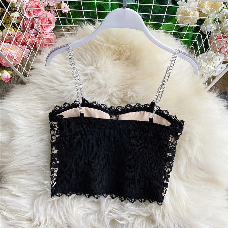 Summer Women Floral Black Lace Camis Slim Metal Chain Spaghetti Strap Tank Donna Sexy Backless Gilet senza maniche Short Top A2064 210616