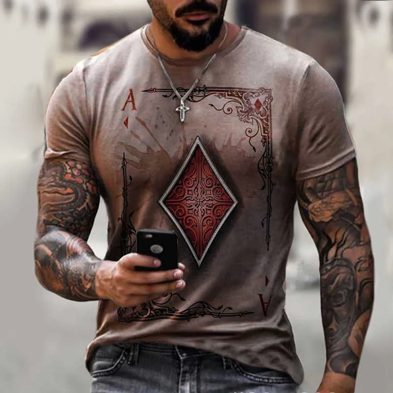 Playing Cards Diamond Square Print T-shirt Men's Summer Casual Short Sleeve Pullover Loose Tops 210629