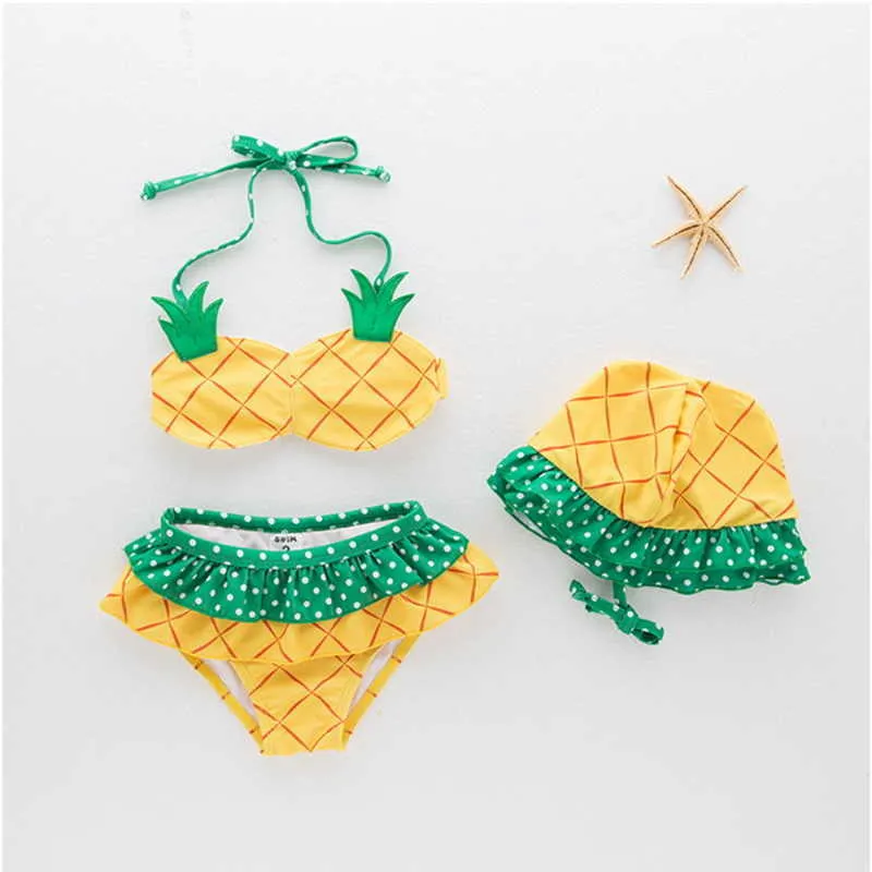 Wholesale Summer Girls SwimsuitS Pineapple Bikini Spring Small Fresh Halter Swimsuit E1150 210610