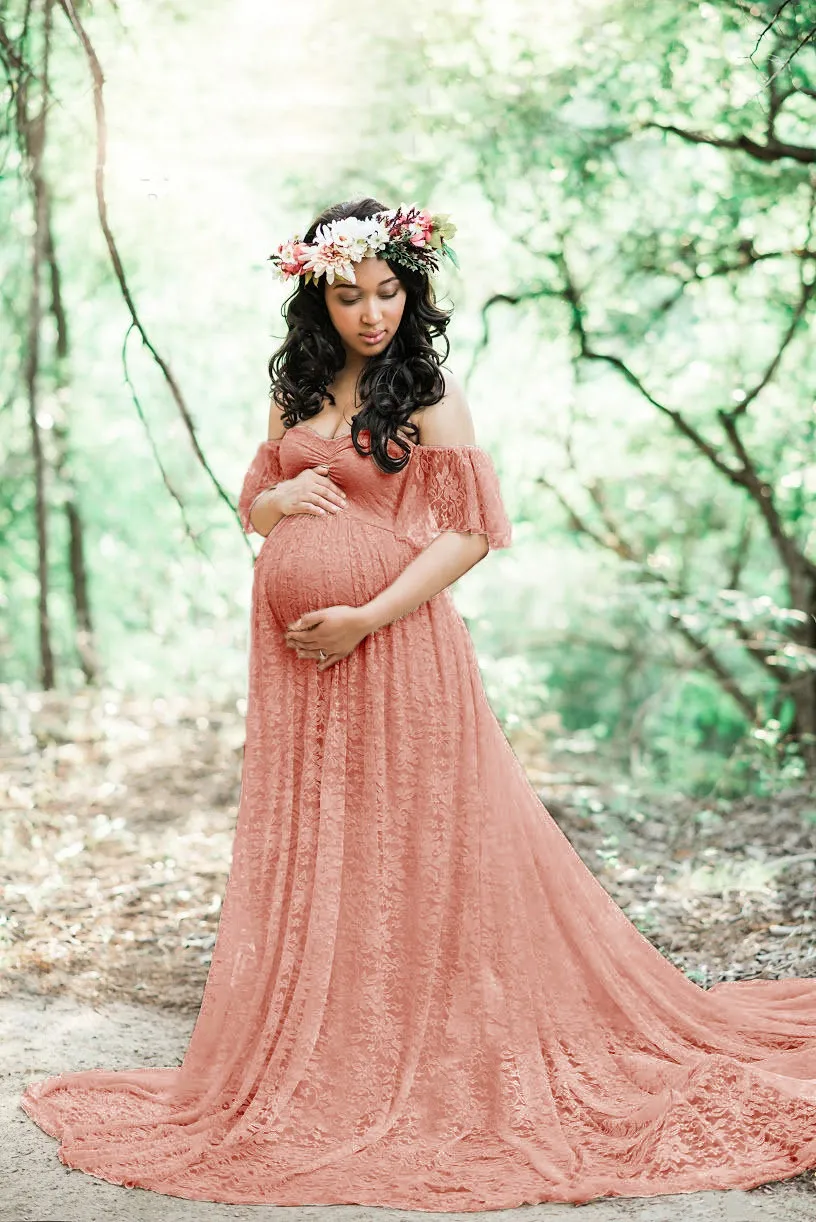 Vestidos de maternidade renda mulher grávida arrastar cauda de manga curta macacão longa saia longa fotografia vestido