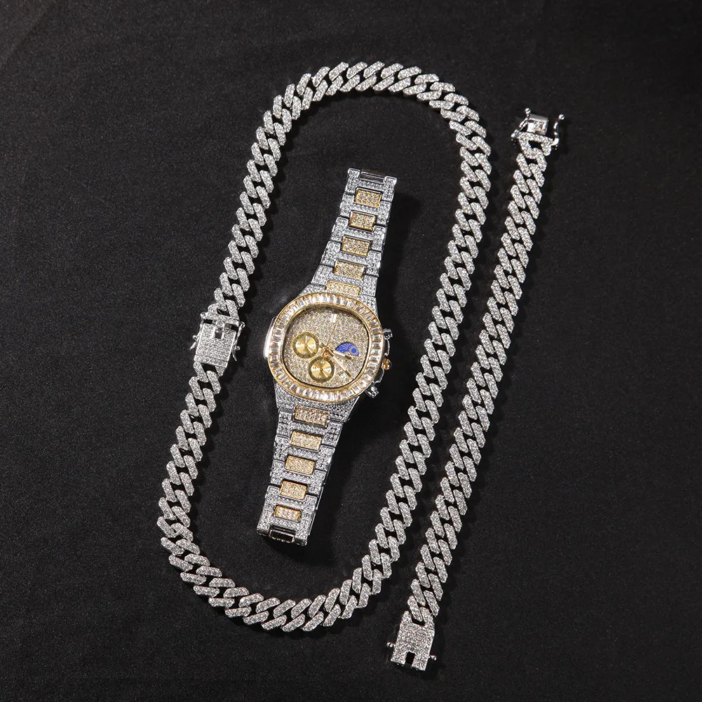 Men Necklace Iced Out Miami Cuban Chain Hip Hop Jewelry Rose Gold Silver Diamond Watch Necklaces Bracelet Set254r