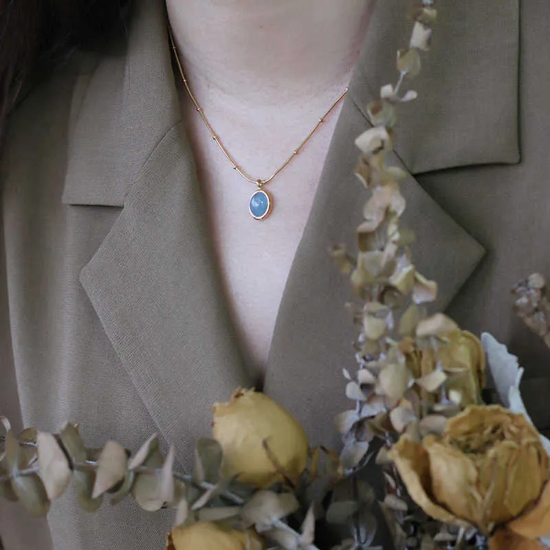 Collane con pendenti in acquamarina naturale donna Gioielli vintage con catena in pietra naturale in acciaio clavicola