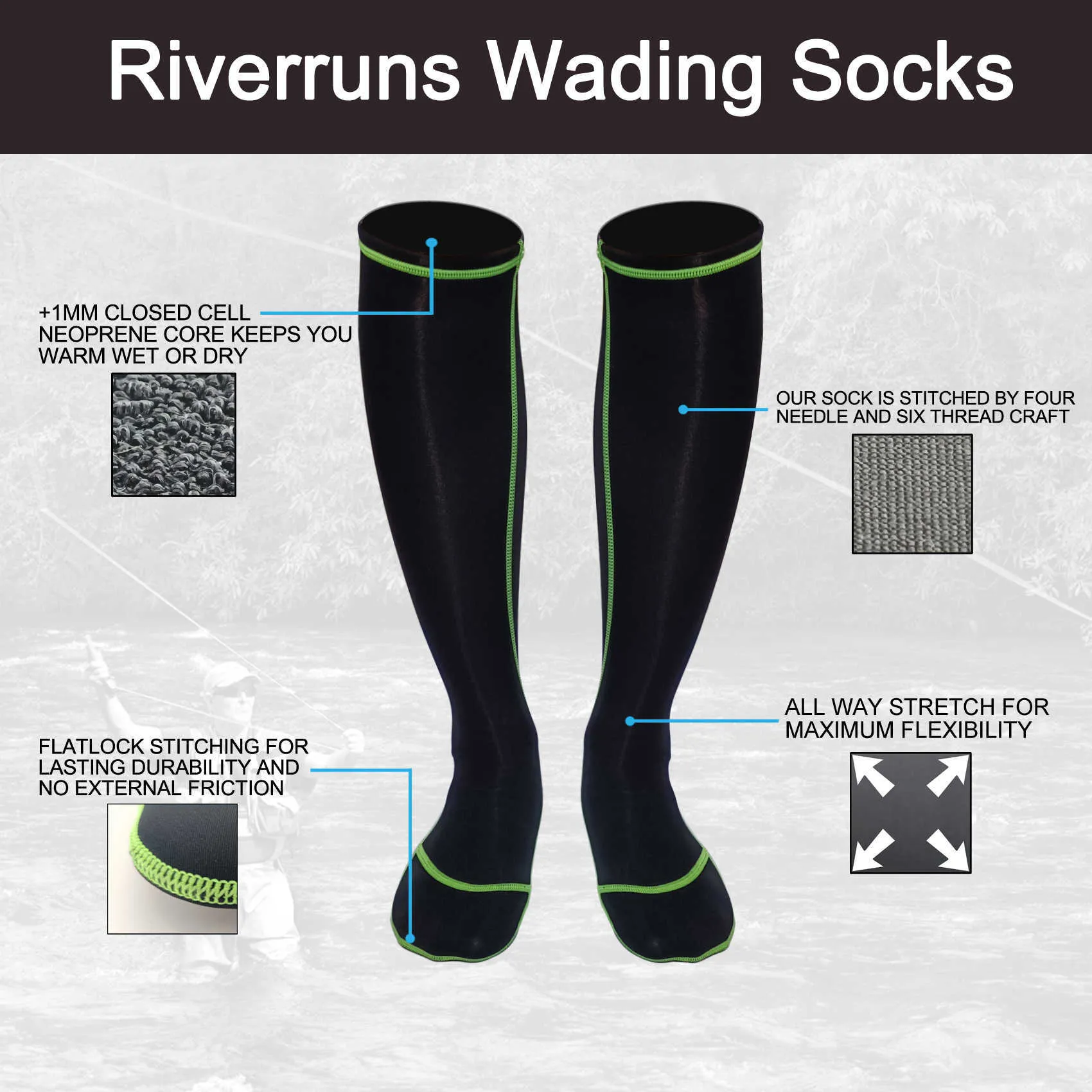 F Riverruns Chaussettes de wader sans friction, chaussettes de wader en néoprène pour hommes et femmes, pêche en plein air, surf, wakeboard. 210727