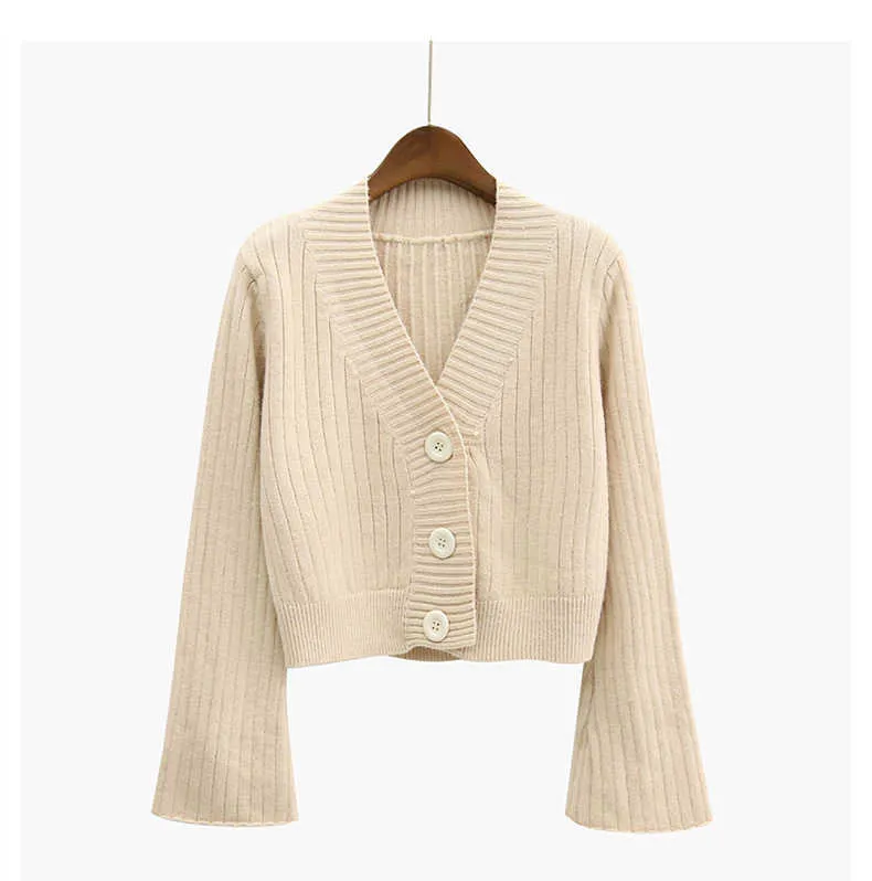 Cardigan Höst Lång Flare Ärm Kort Tröja Kvinnor Ribbed Stickade Bomull Toppar Svart Vit Ladies Mjuk Outwear Kvinna 211007