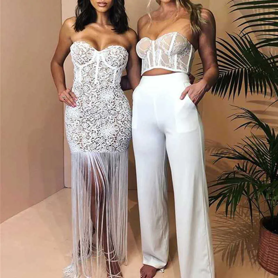 Summer Strapless Long Fringe Dress Night Party Lace Ladies Bodycon Fringed White Maxi Vestido 210527