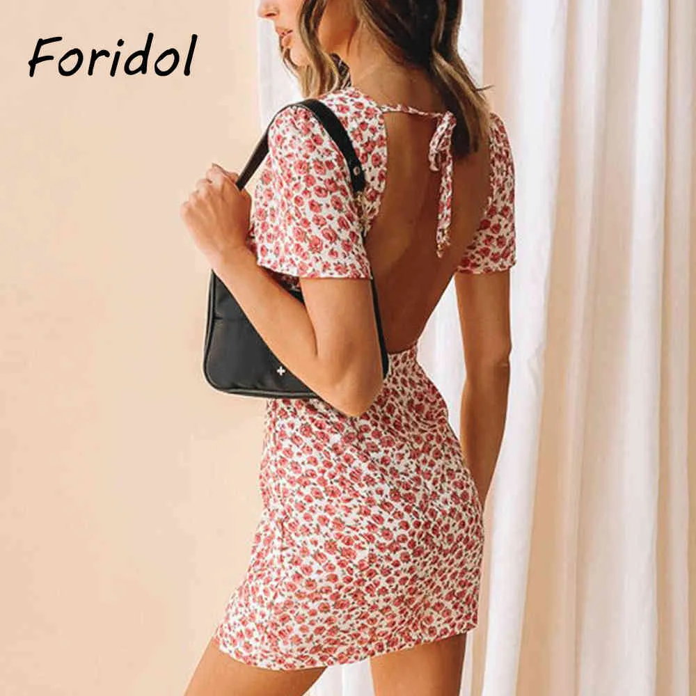 Abito estivo con stampa floreale senza schienale Lace Up Scava fuori davanti Mini Beach Sundress Beach Boho Abiti Abiti Mujer 210415