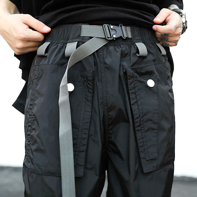 검은 전술화물 바지 얇은 섹션 2020 도시 streetwear화물 스웨트 팬츠 벨트 포켓을 가진 남자 만 남성용 바지 C0607