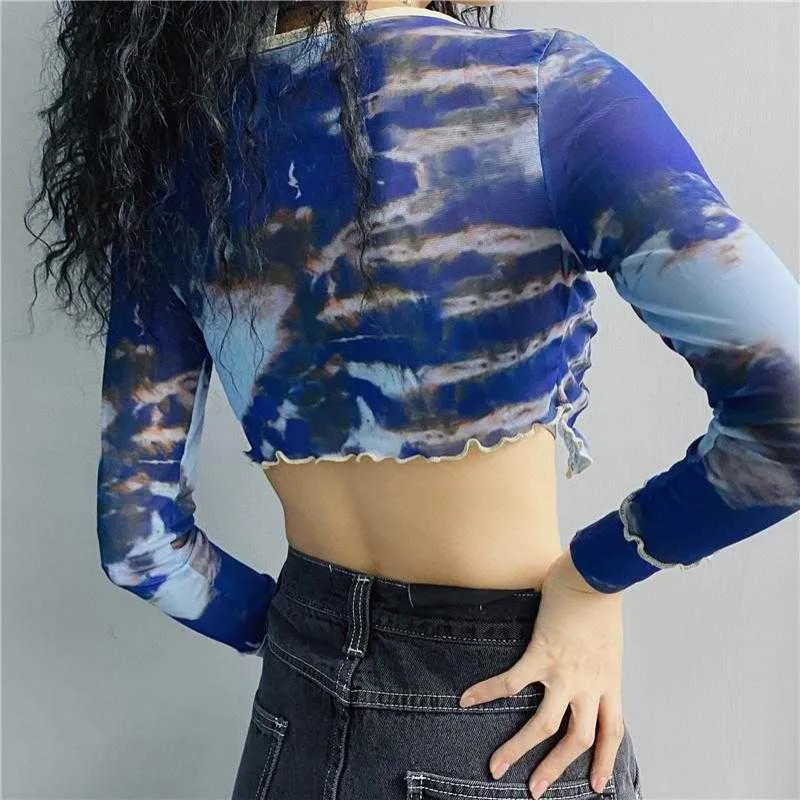 Yedinas Tie Dye Bleu Crop Top Femmes Maille T-shirt Manches Longues Cropped Cardigan Col En V Designer Slim T-shirts Y2k Esthétique Tops 210527