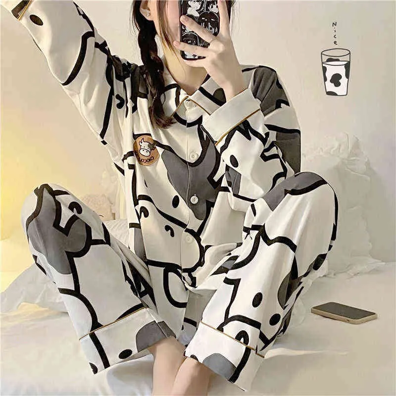 QWEEK Cow Print Piżamy Dwuczęściowe Zestaw Jesień Pijamas Kobiety Bawełna Cute Home Ubrania Piżamy Piżamy Sleepwear Japoński Styl Kawaii 211112