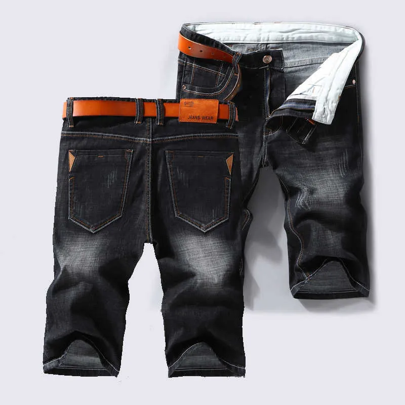 Sommar herrklassisk stil modebusiness avslappnad denim shorts blå svart bomull lös bermuda raka jeans kort plus storlek x0621
